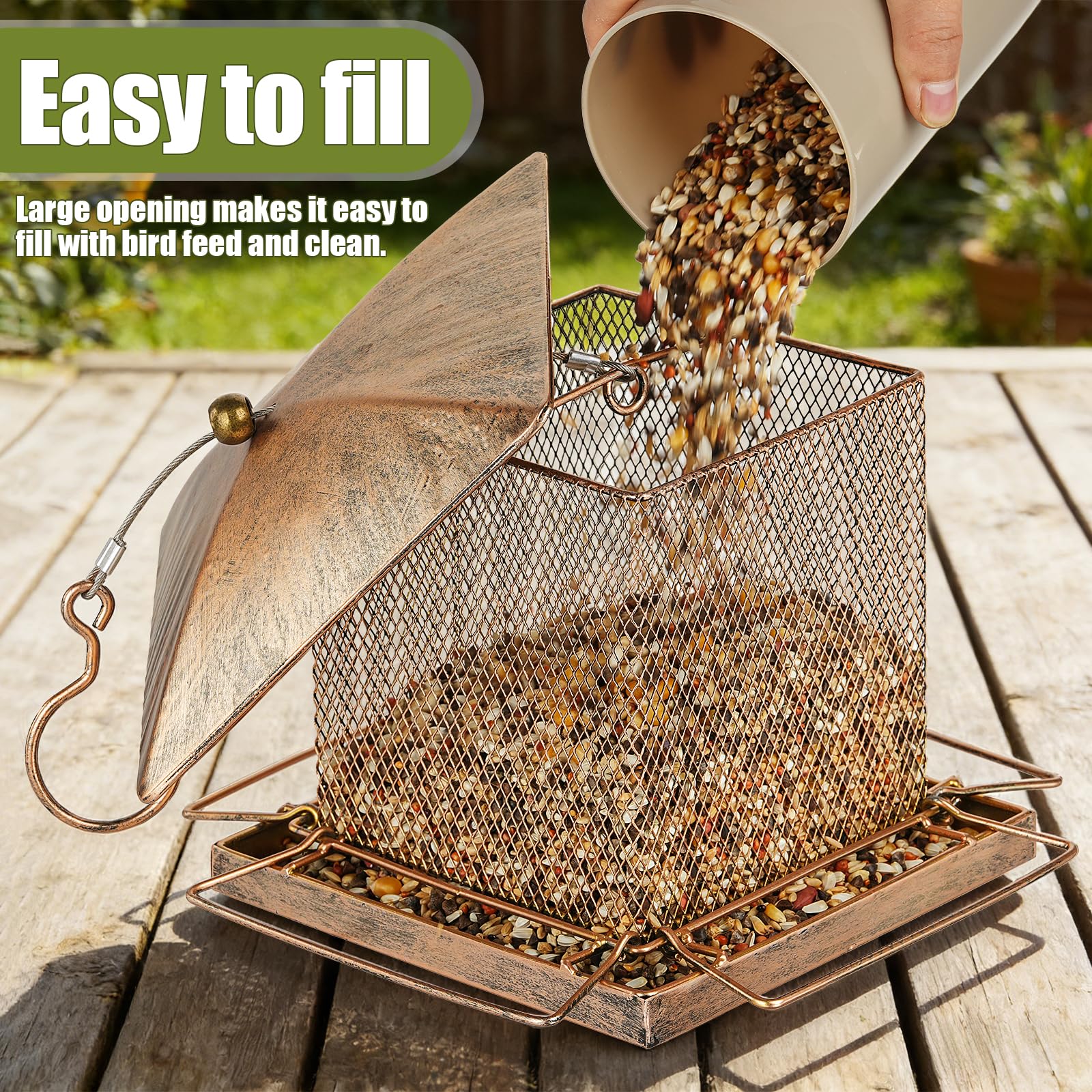 IWNTWY feeder features drainage holes to prevent water buildup outdoors.