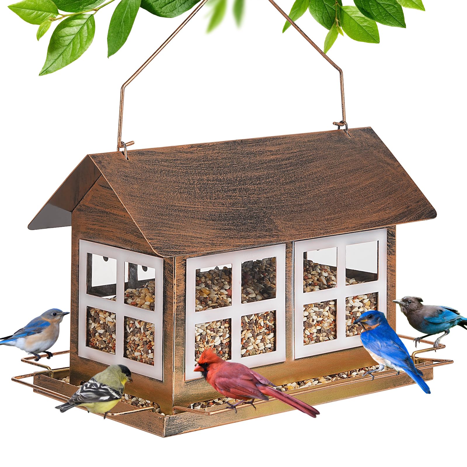 IWNTWY bird feeder house-shaped exterior view with bronze finish for outdoor decor.
