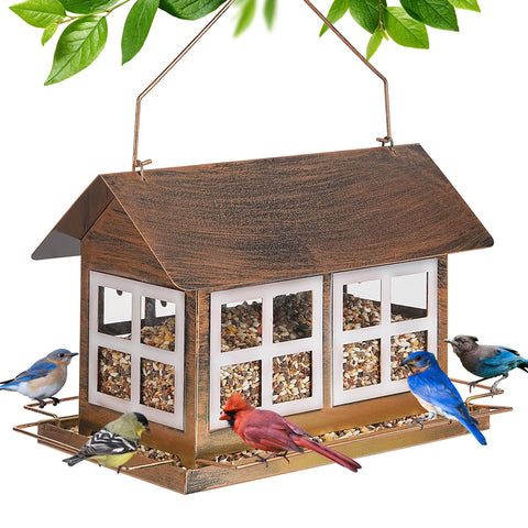 IWNTWY bird feeder house-shaped exterior view with bronze finish for outdoor decor.