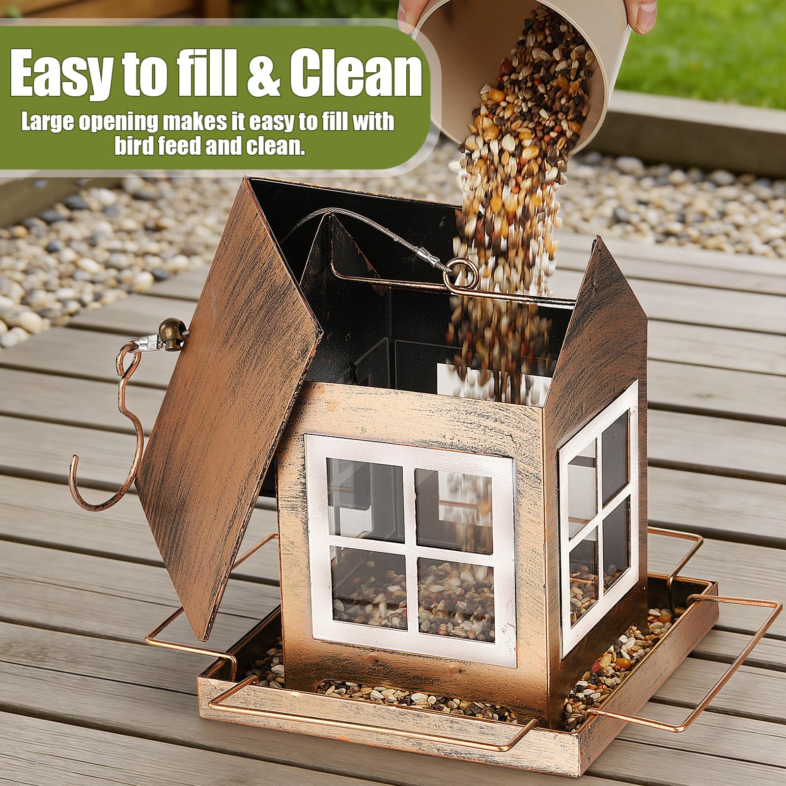 Copper-plated surface and rust-resistant coating extend the feeder’s outdoor life.