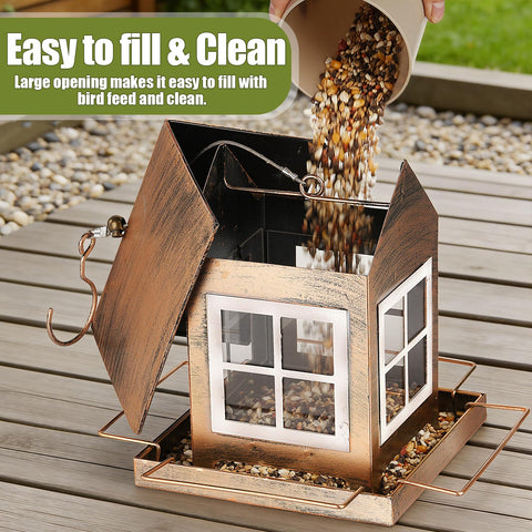 Copper-plated surface and rust-resistant coating extend the feeder’s outdoor life.