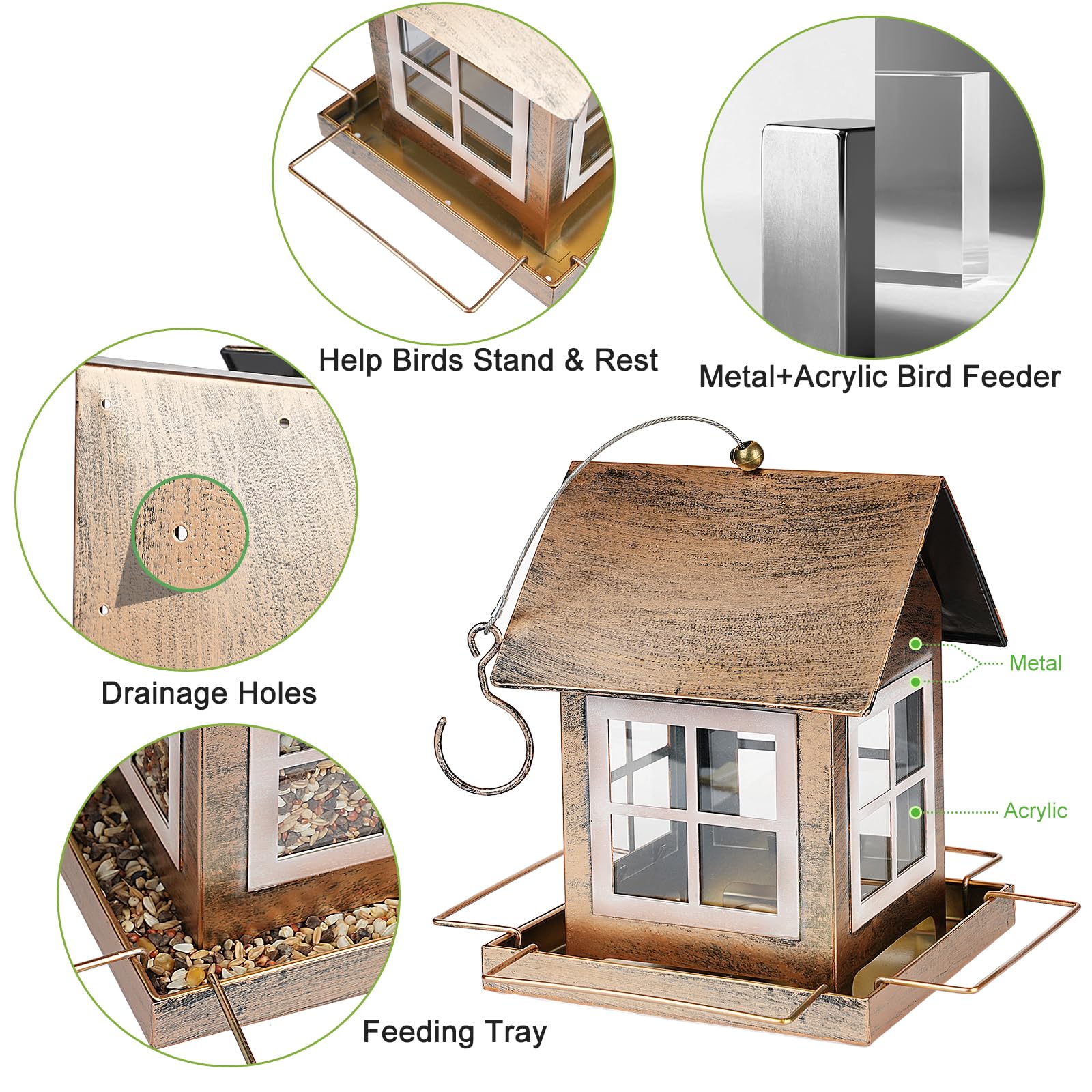 Large capacity design holds seeds up to three pounds for prolonged feeding.