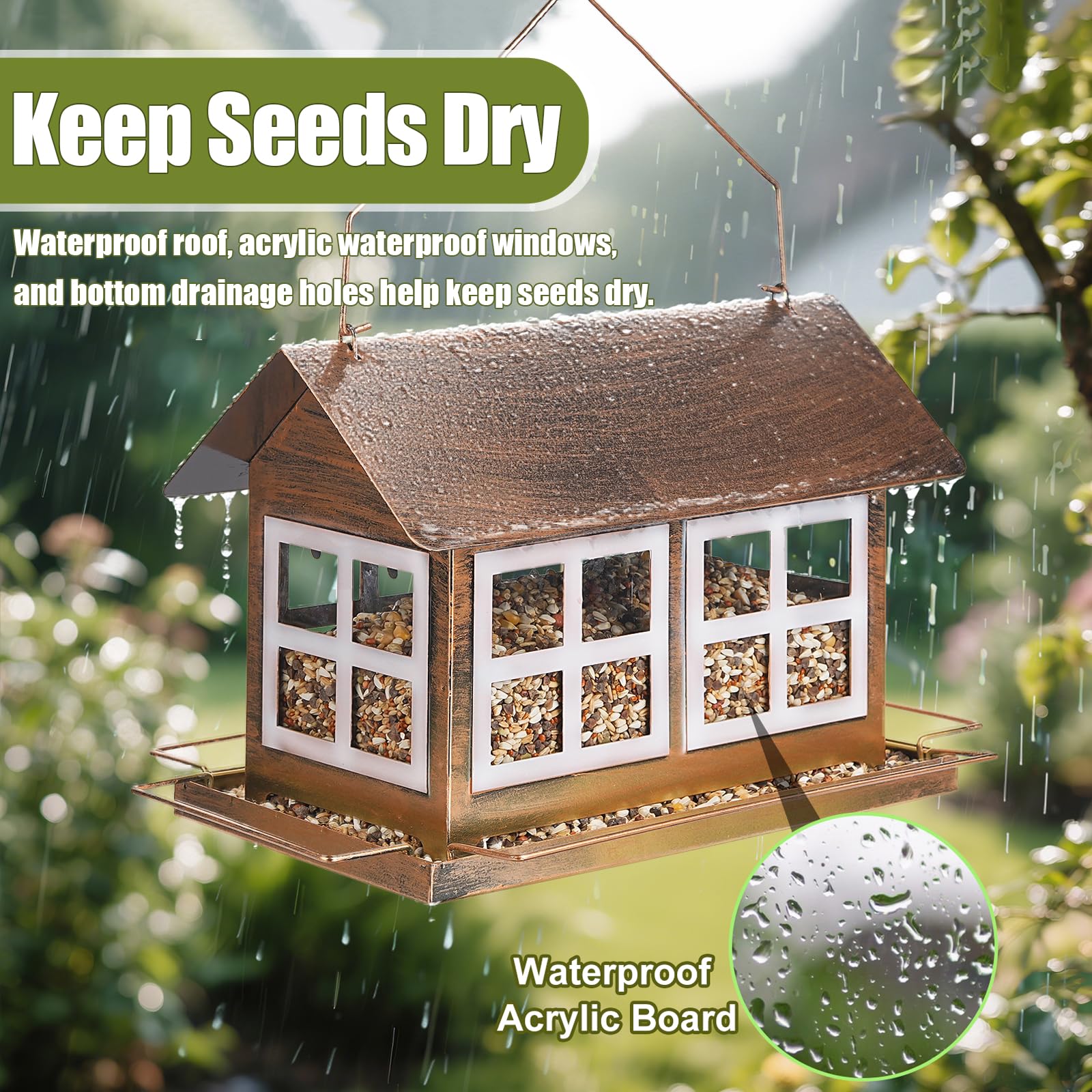 IWNTWY bird feeder large capacity seed tray reduces refills.