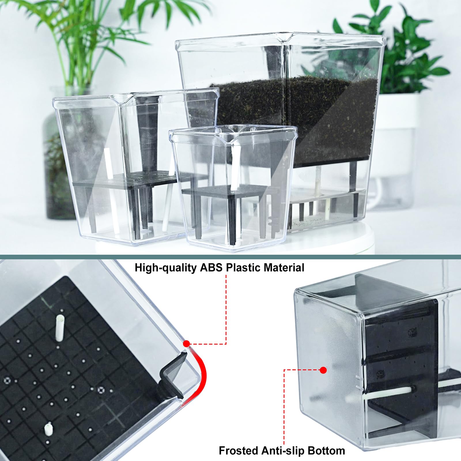 IWNTWY self-watering pot 5-inch water inlet close-up demonstrates bottom watering setup.