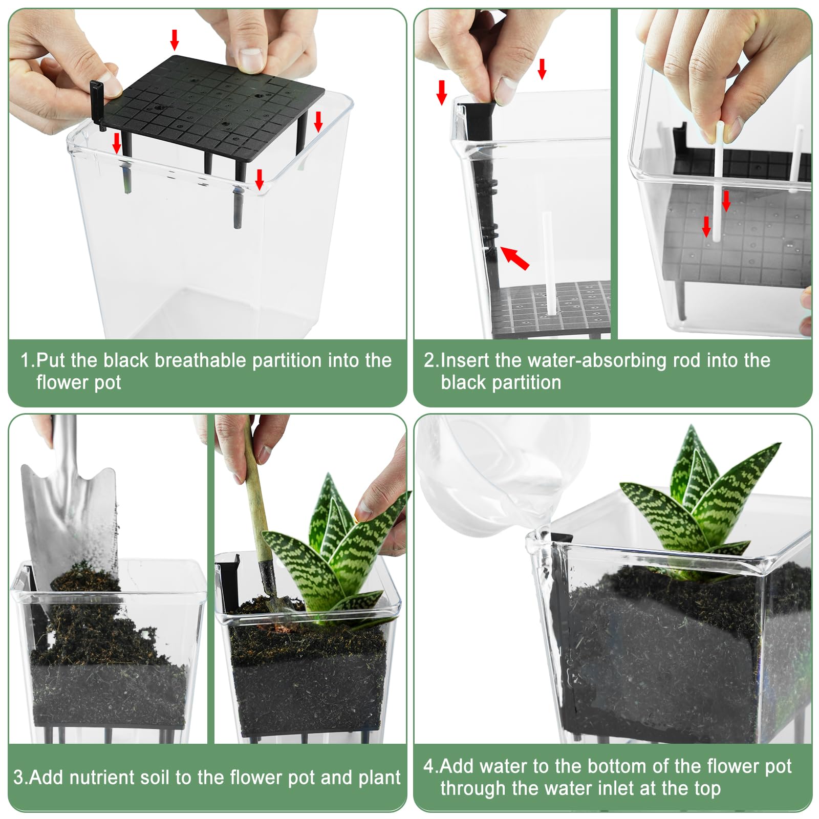 IWNTWY self-watering pot transparent material closeup highlights durable, lightweight construction.