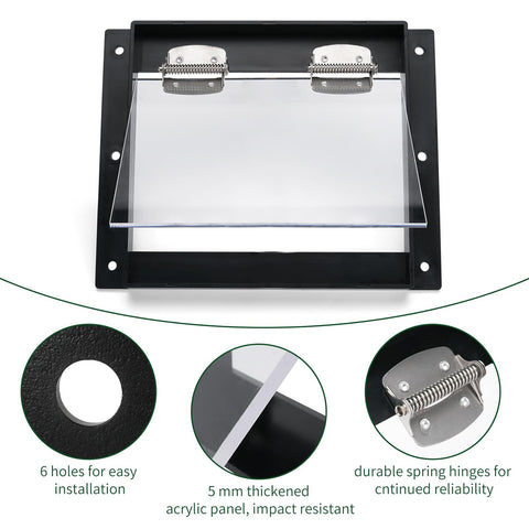 iwreaiy weatherproof raccoon door with metal and acrylic panels.