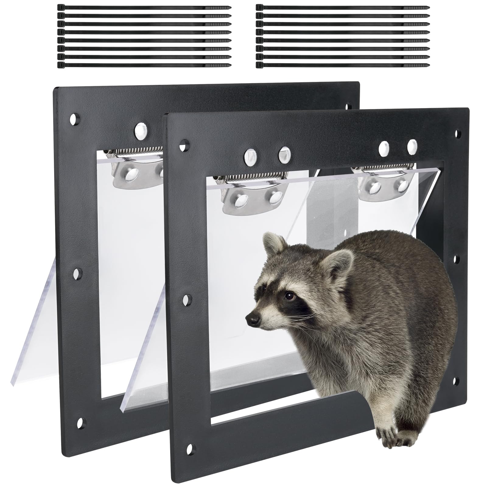 iwreaiy raccoon one-way door, front view, two-piece setup for humane eviction.