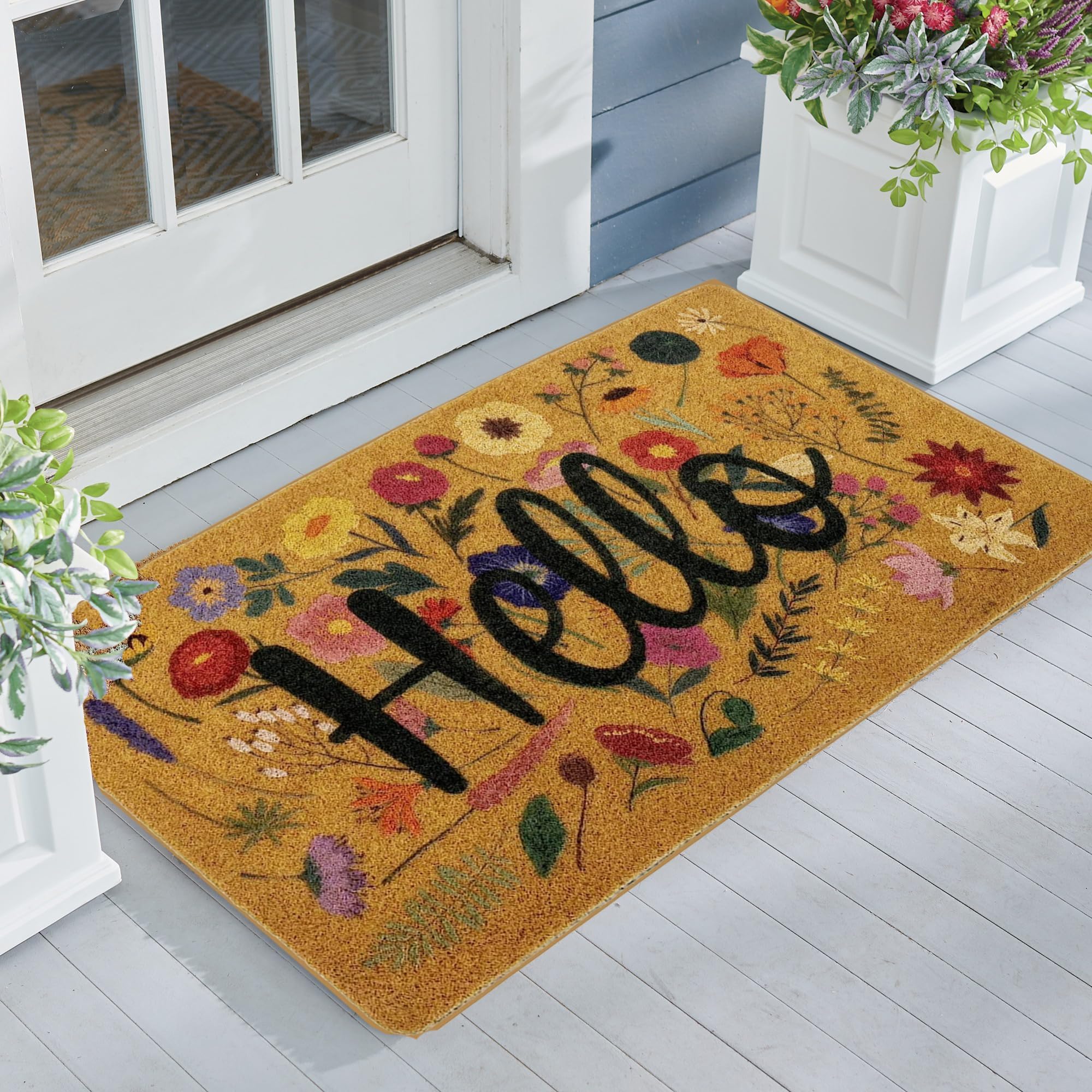 IZUS Floral Welcome Doormat 17x29in front-door view, adds curb appeal and outdoor durability.