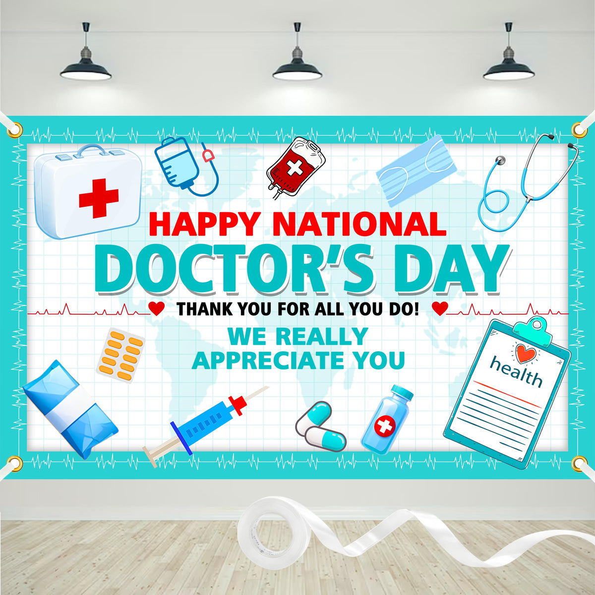 Jaailee Doctor's Day banner front view with crisp medical graphics, ideal as a photo backdrop