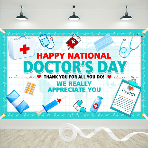 Jaailee Doctor's Day banner front view with crisp medical graphics, ideal as a photo backdrop