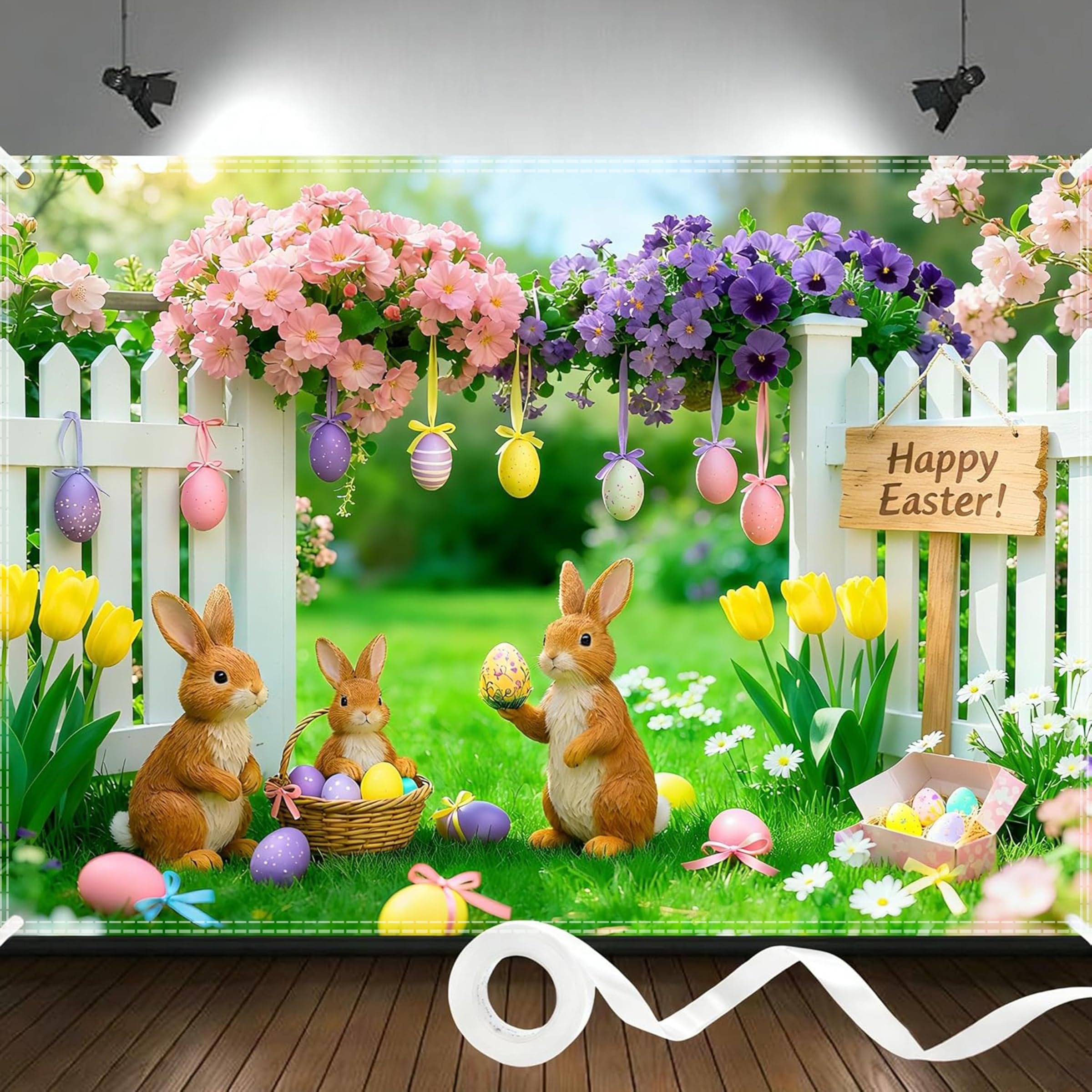 Jaailee Easter backdrop 7x5ft floral bunnies for bright family photos.