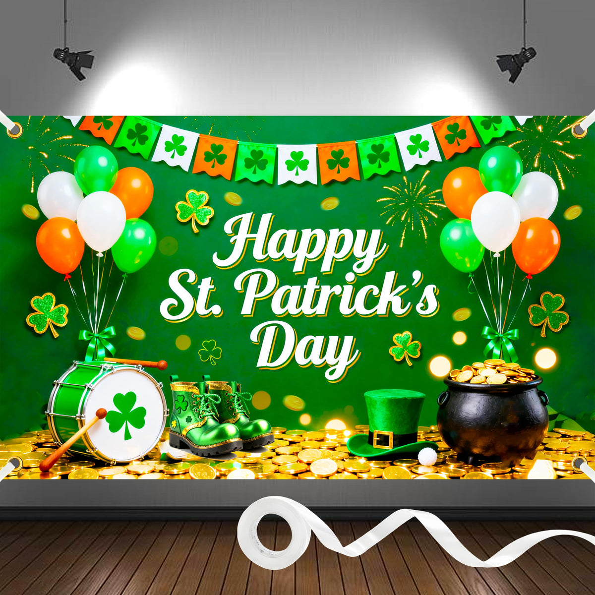 Jaailee St Patrick's backdrop featuring green shamrocks and gold coins for wall decor.