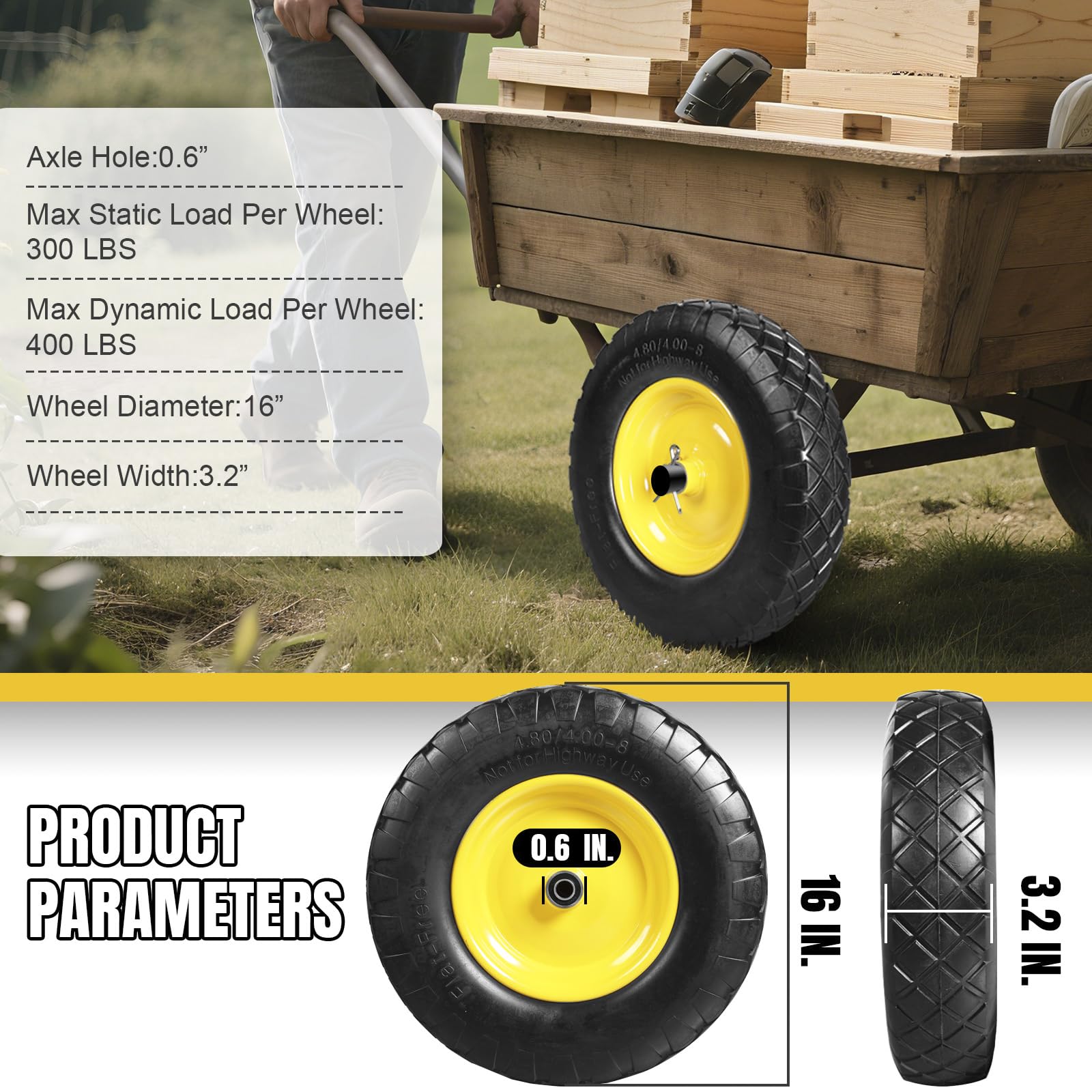 Jack Boss solid rubber tire with deep tread pattern for better traction
