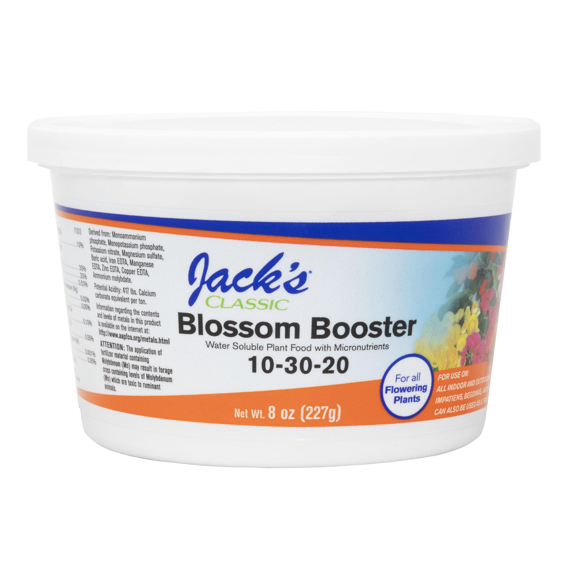 Jack's Classic Blossom Booster bottle with label showing the 10-30-20 formula for flowering plants.