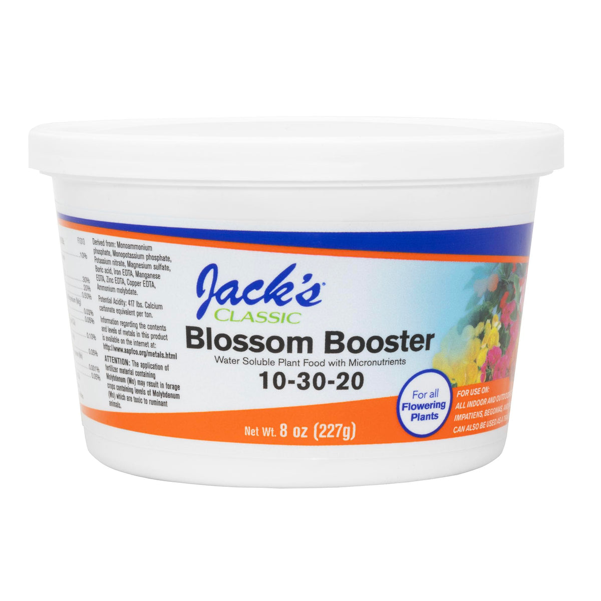 Jack's Classic Blossom Booster bottle with label showing the 10-30-20 formula for flowering plants.
