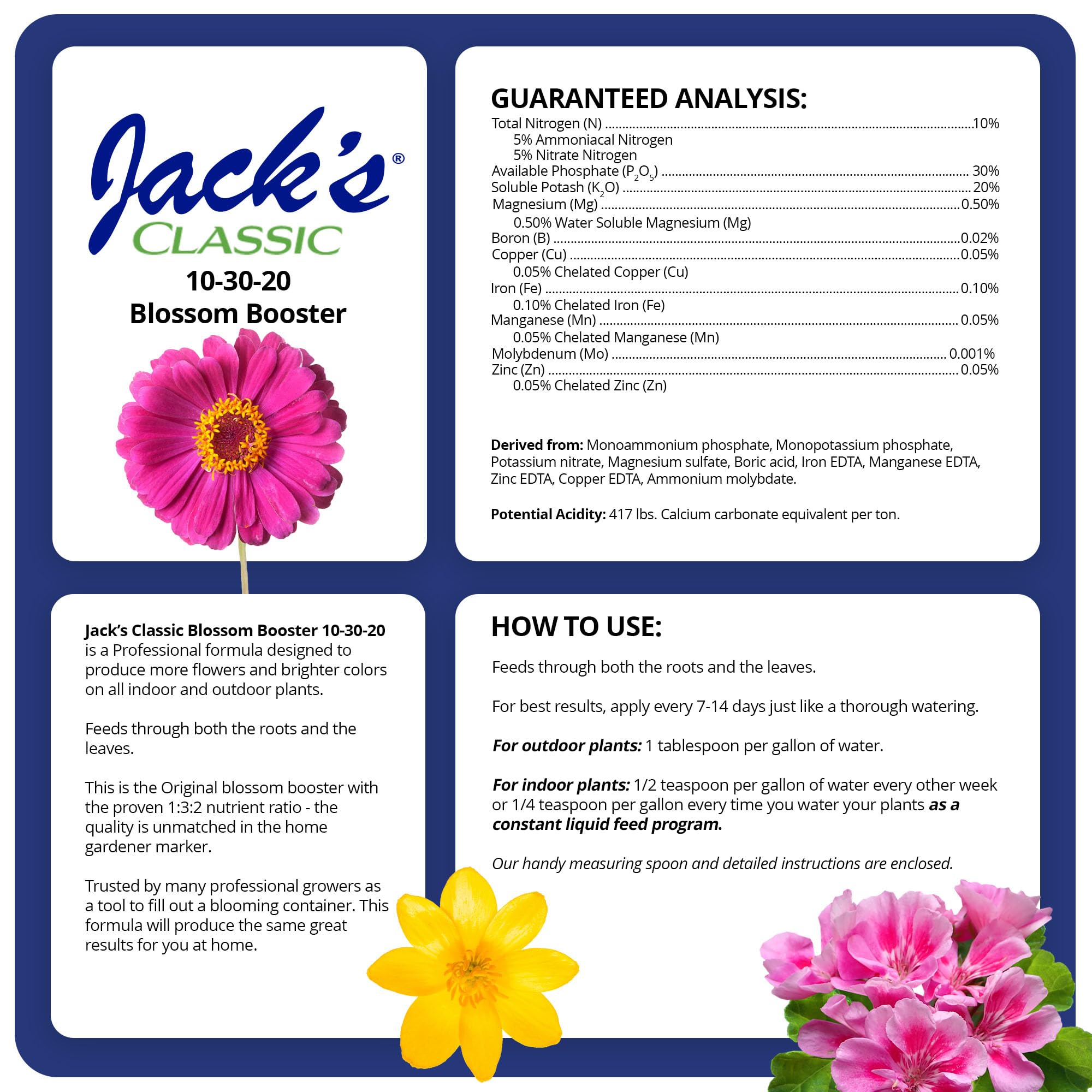 Jack's Classic Blossom Booster measuring spoon included for precise feeding.