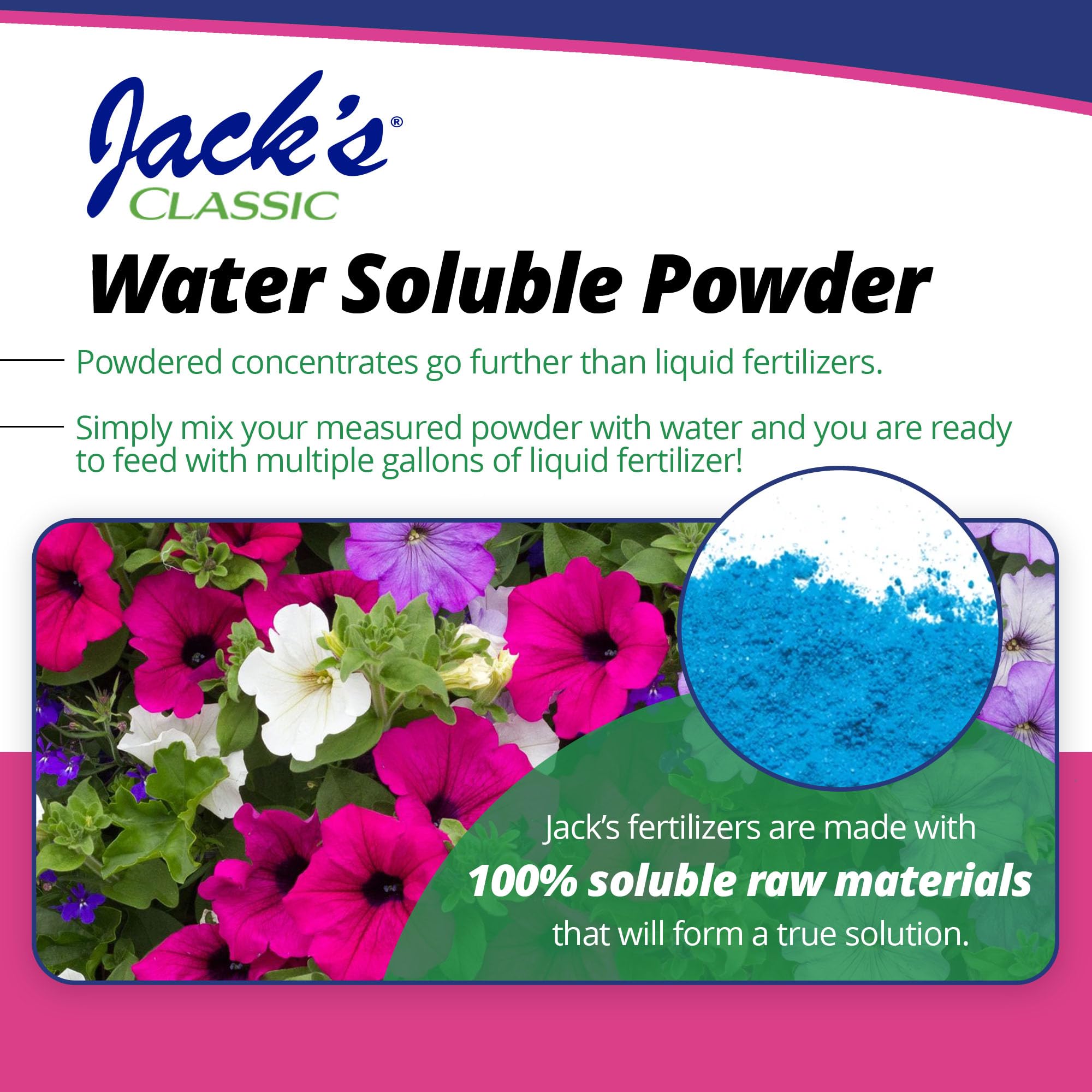 Packaging highlights micronutrients from Jack's Classic Petunia Feed.