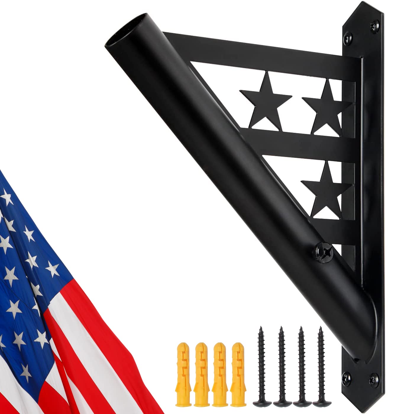 J JACKCUBE DESIGN flag bracket mounted outdoors on wall at 45-degree angle