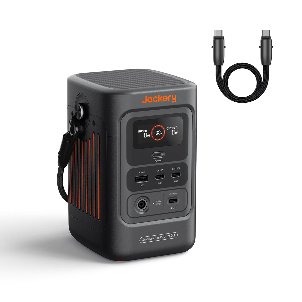 Jackery Explorer 240D front view, compact power station ready for camping trips