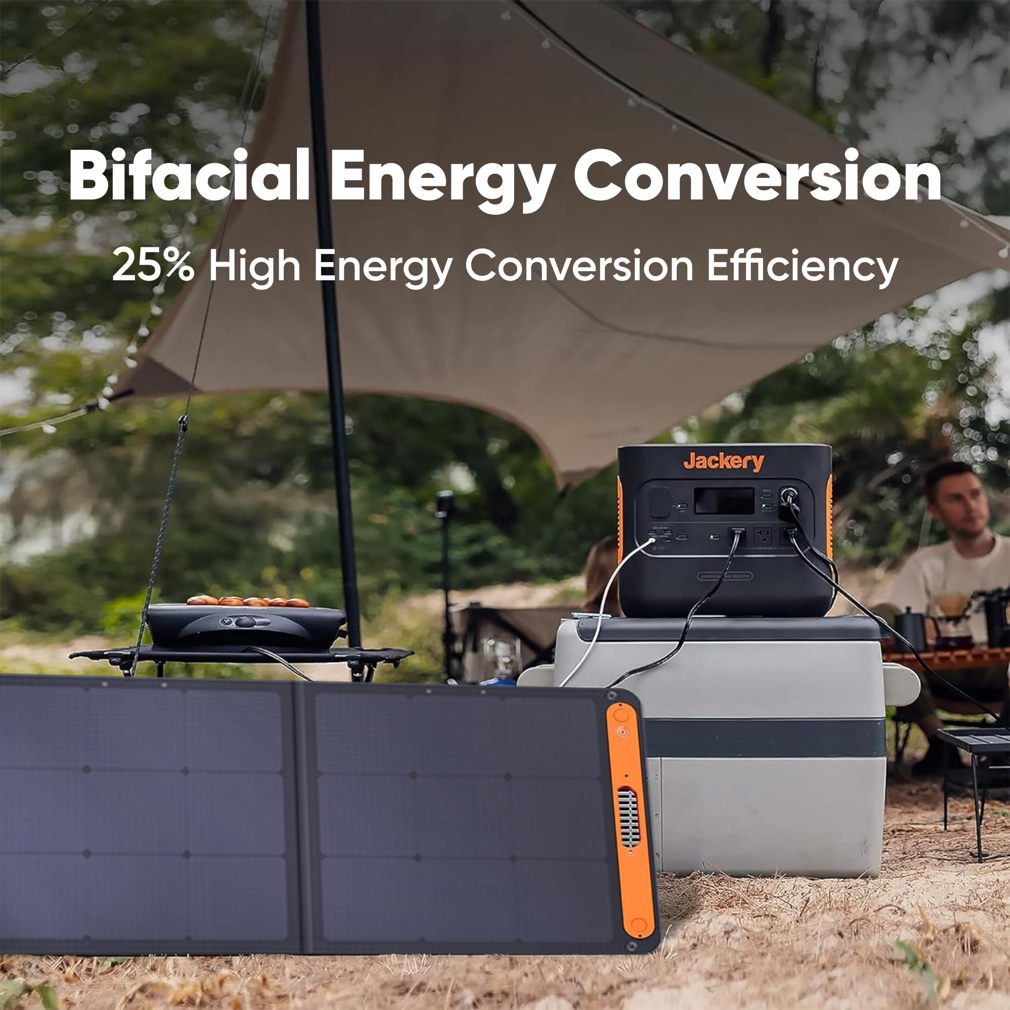 Jackery SolarSaga 100W bifacial panel in ETFE-laminated protective casing.