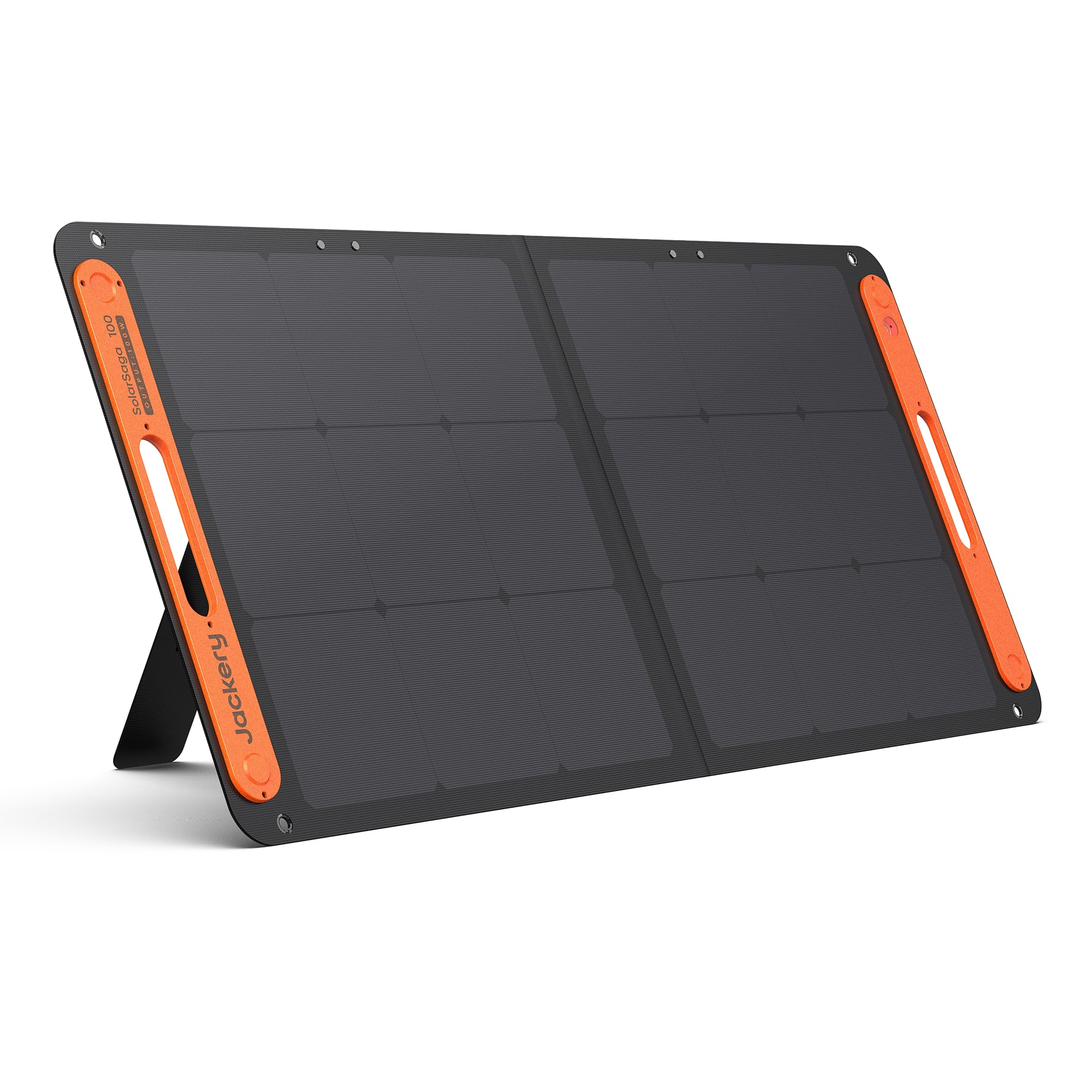 Jackery SolarSaga 100W bifacial panel folded for easy transport and outdoor use.