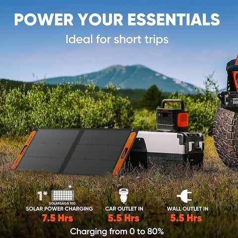 Jackery SolarSaga 100W bifacial panel with dual kickstands for easy sun capture.