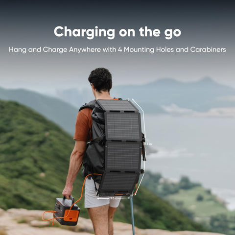 Jackery SolarSaga 40W Air hanging setup with carabiners for portable charging anywhere.
