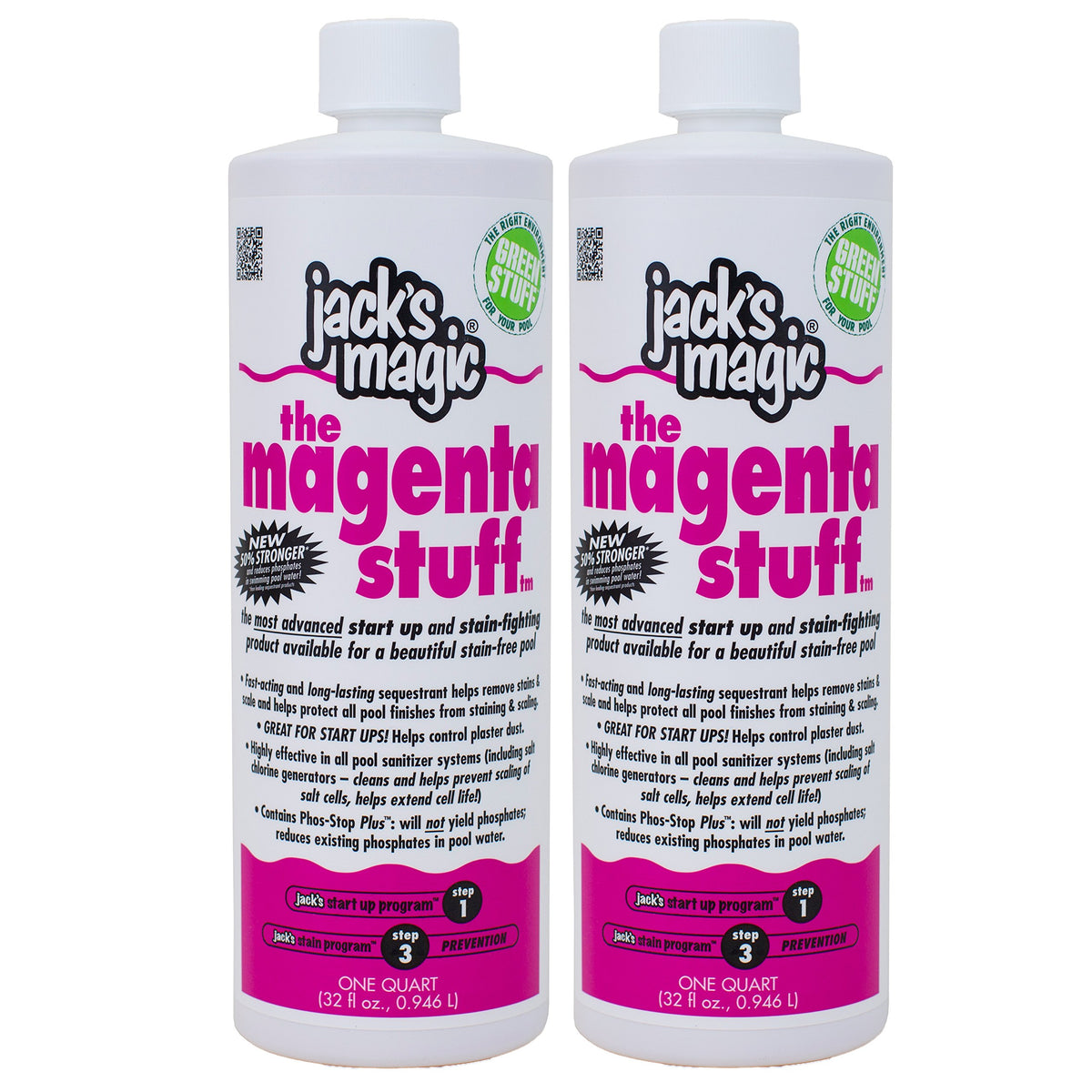 Jack's Magic Magenta Stuff bottle pour demonstrates stain and scale control for pools