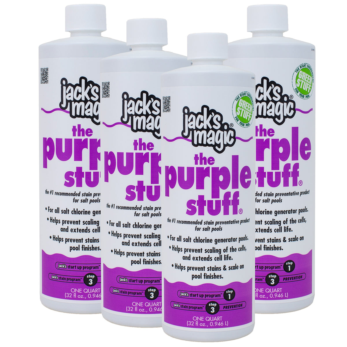 Jacks Magic The Purple Stuff 1qt bottle reduces stains and scale in saltwater pools.