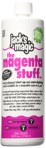 Jack's Magic The Magenta Stuff bottle pour; powerful stain control for new pools.