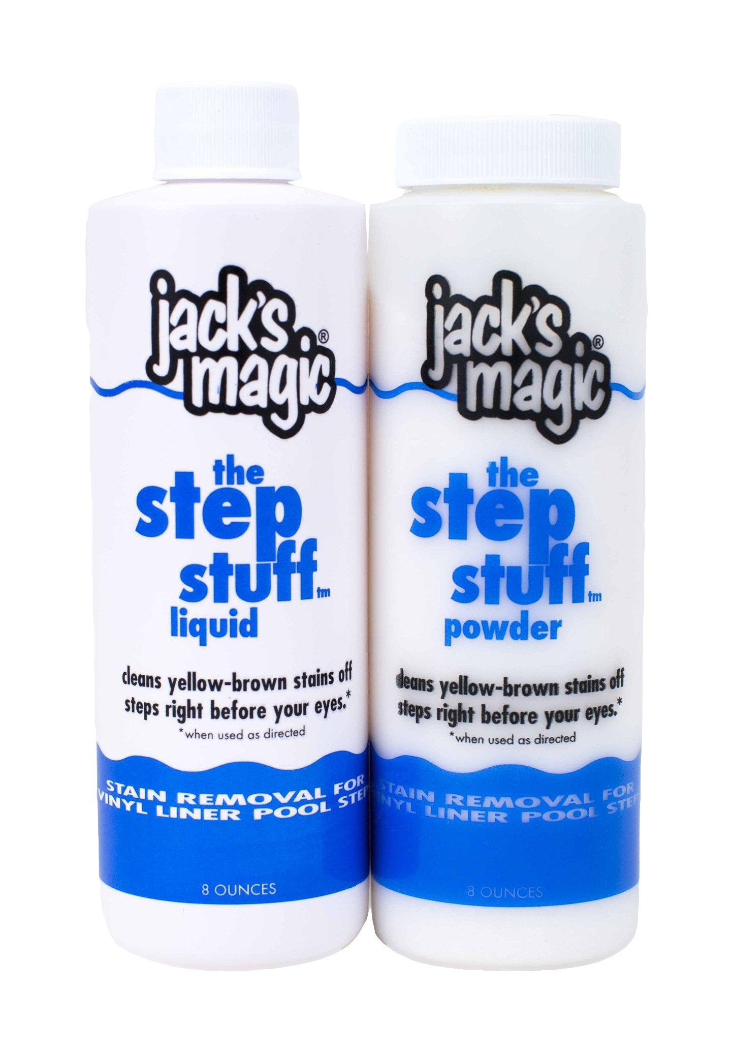 Jack's Magic Step Stuff bottle applying stain remover to pool steps for quick stain removal.