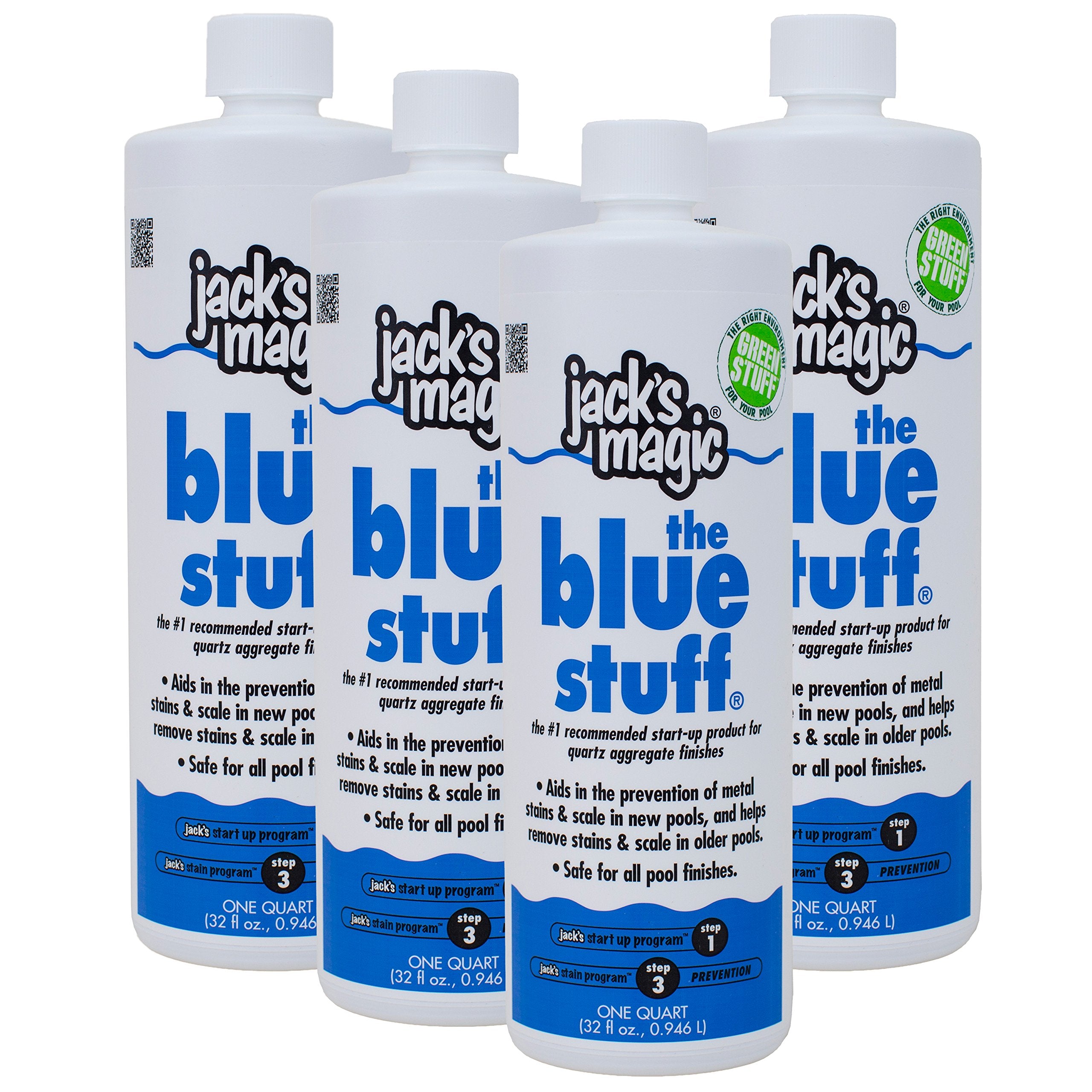 Jack's Magic The Blue Stuff bottle pour removes plaster stains in plaster pools, even with high chlorine