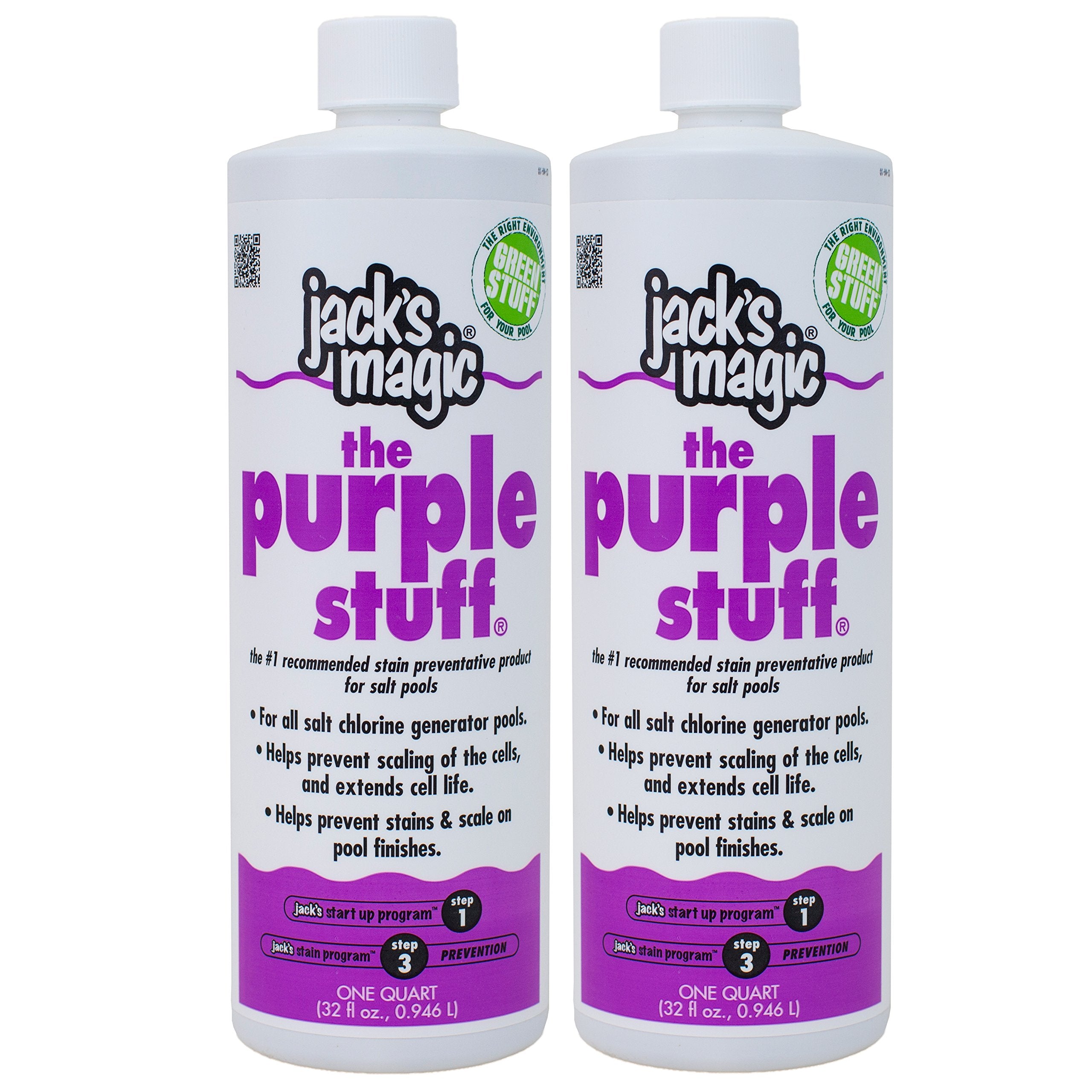 Jack's Magic The Purple Stuff bottle for saltwater pools preventing stains.