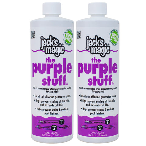 Jack's Magic The Purple Stuff bottle for saltwater pools preventing stains.