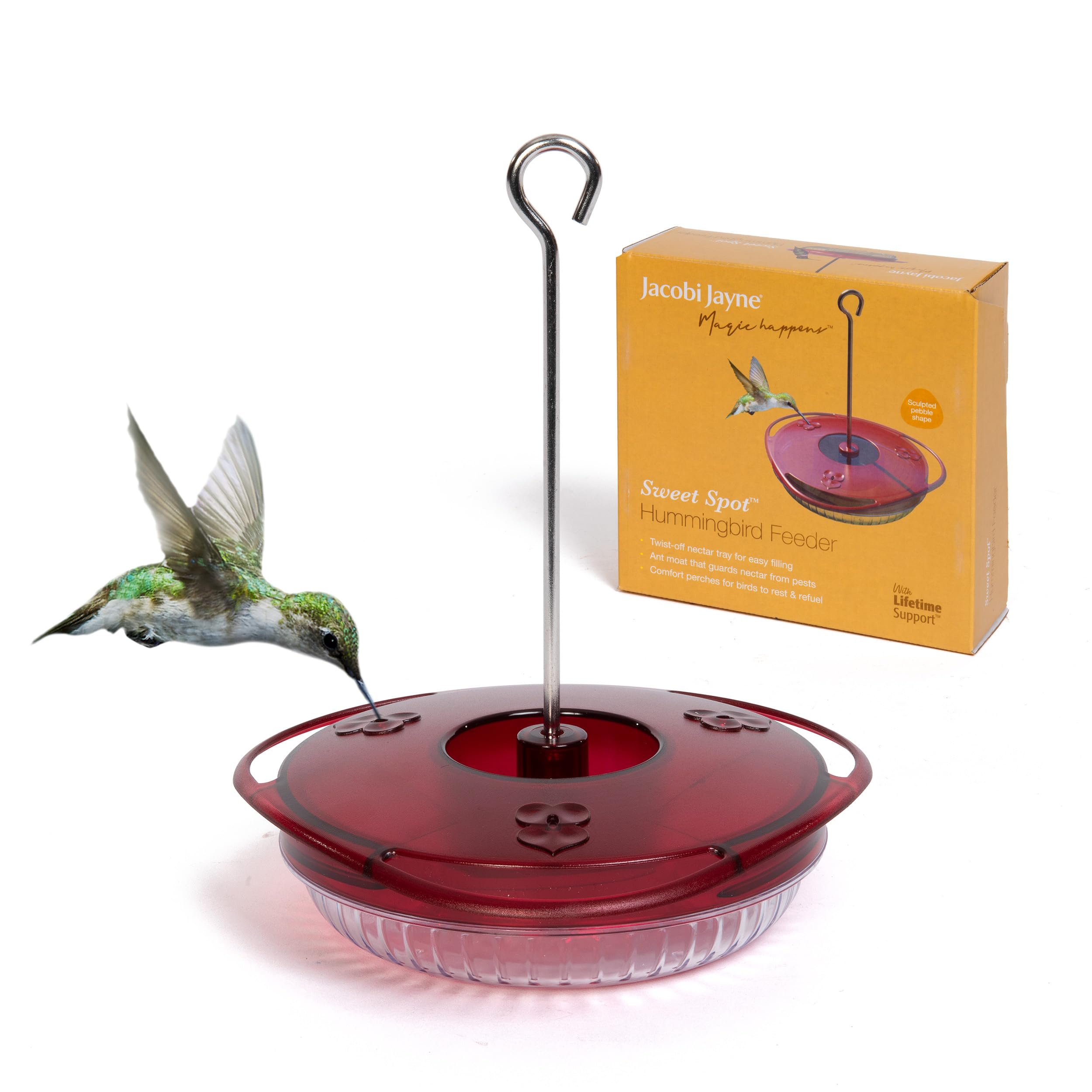 Jacobi Jayne Small Hummingbird Feeder with saucer design reduces spills and refills.