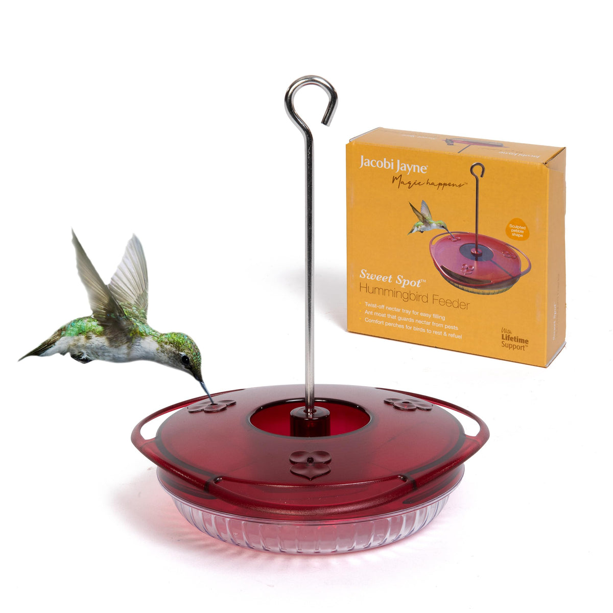 Jacobi Jayne Small Hummingbird Feeder with saucer design reduces spills and refills.