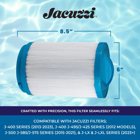 Jacuzzi dual-stage filtration cartridge removes oils and sediments to improve clarity.