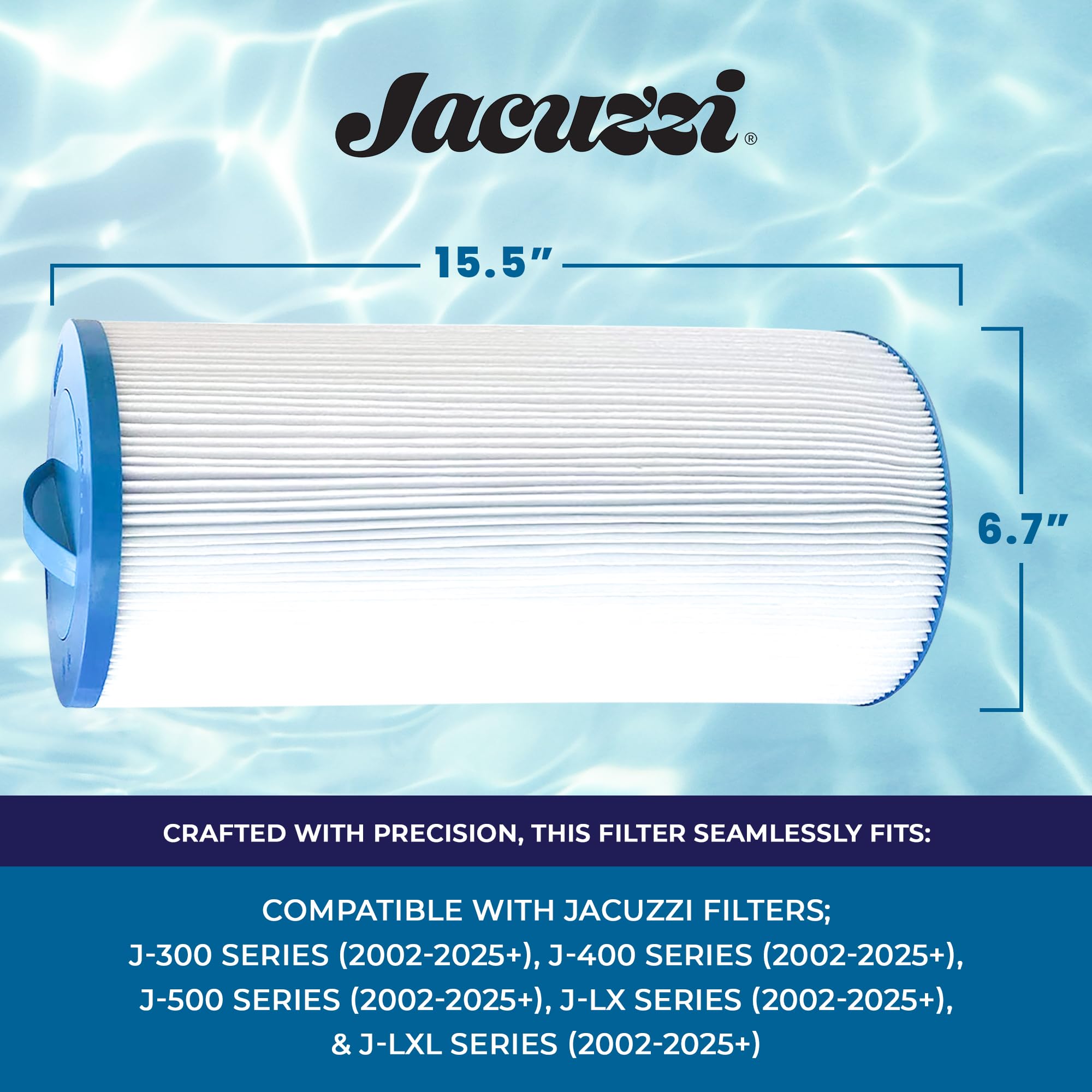 Jacuzzi ProClear II pleated-media design traps oils and debris.