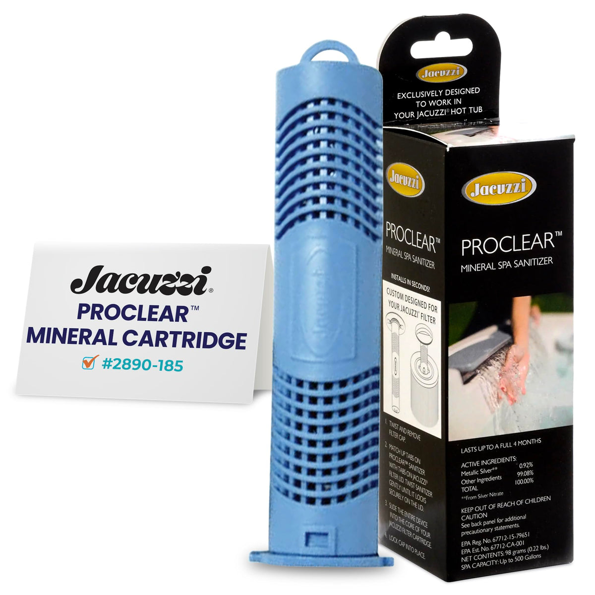 Jacuzzi ProClear mineral sanitizer cartridge installed in the filter housing for balanced water.