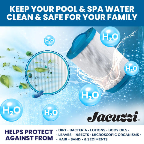 Jacuzzi washable pleated cartridge offers reusable performance with simple rinsing after use.