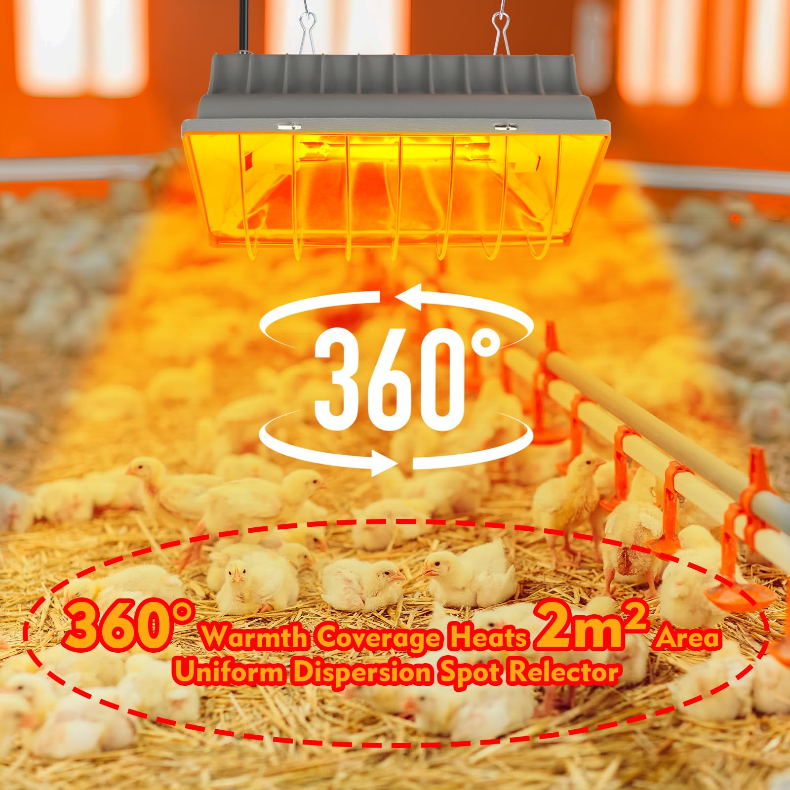 Jaenmsa heat lamp with adjustable hooks enables easy coop mounting.