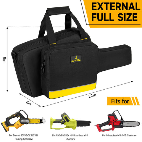 Front pocket holds 20V max battery and charger for quick access
