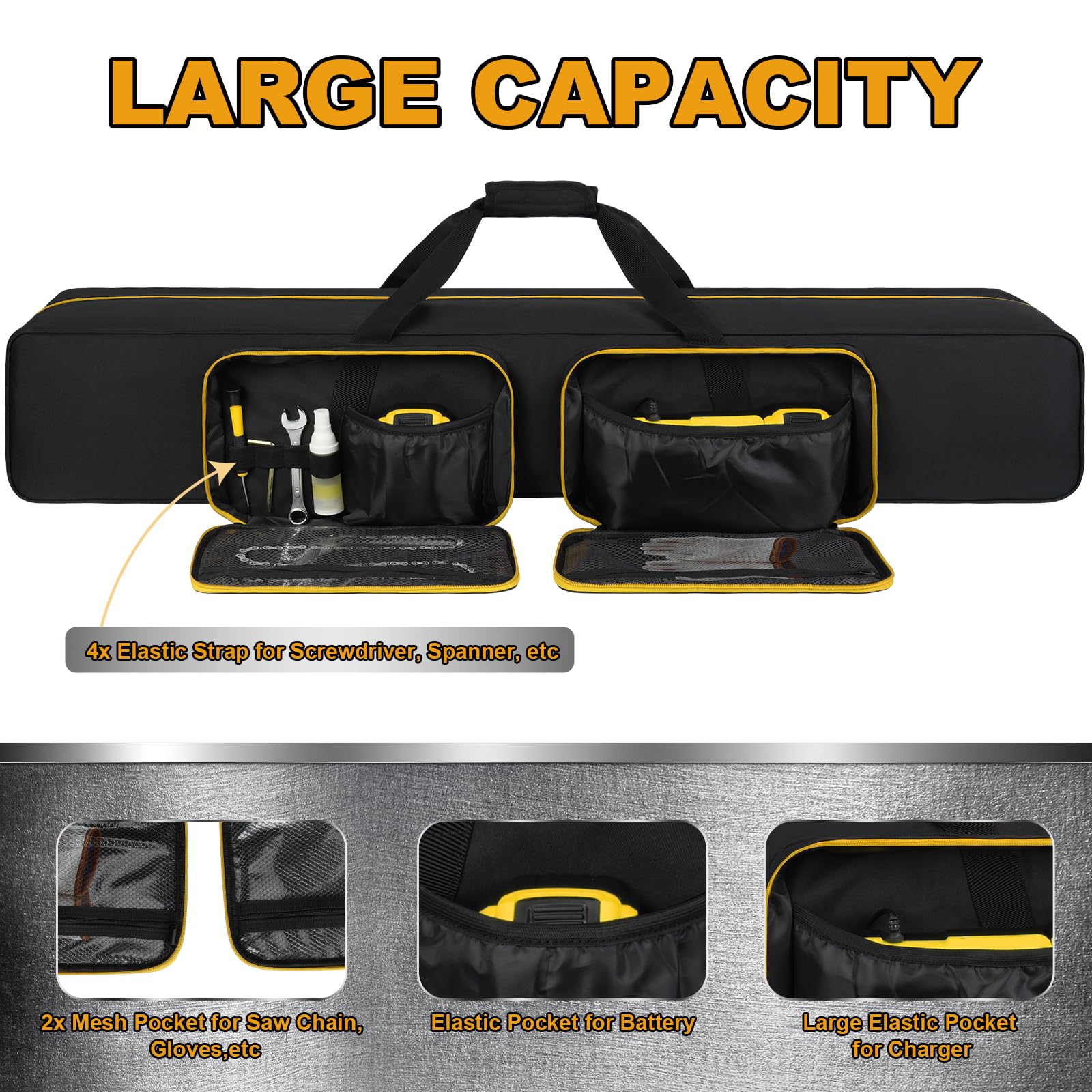 Front pockets and elastic straps keep batteries, charger, and small tools organized
