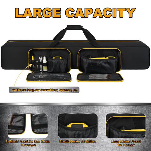 Front pockets and elastic straps keep batteries, charger, and small tools organized