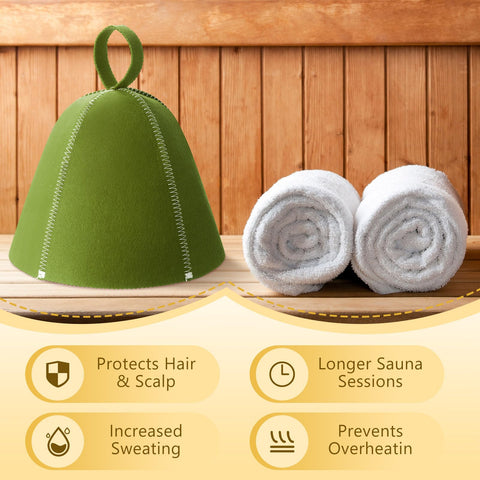 JaGely olive green sauna hat worn on head protects hair during steam.