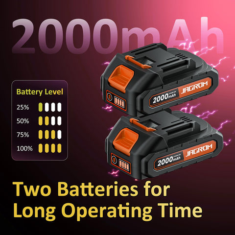 JAGROM two 2.0Ah batteries extend runtime for larger lawns.