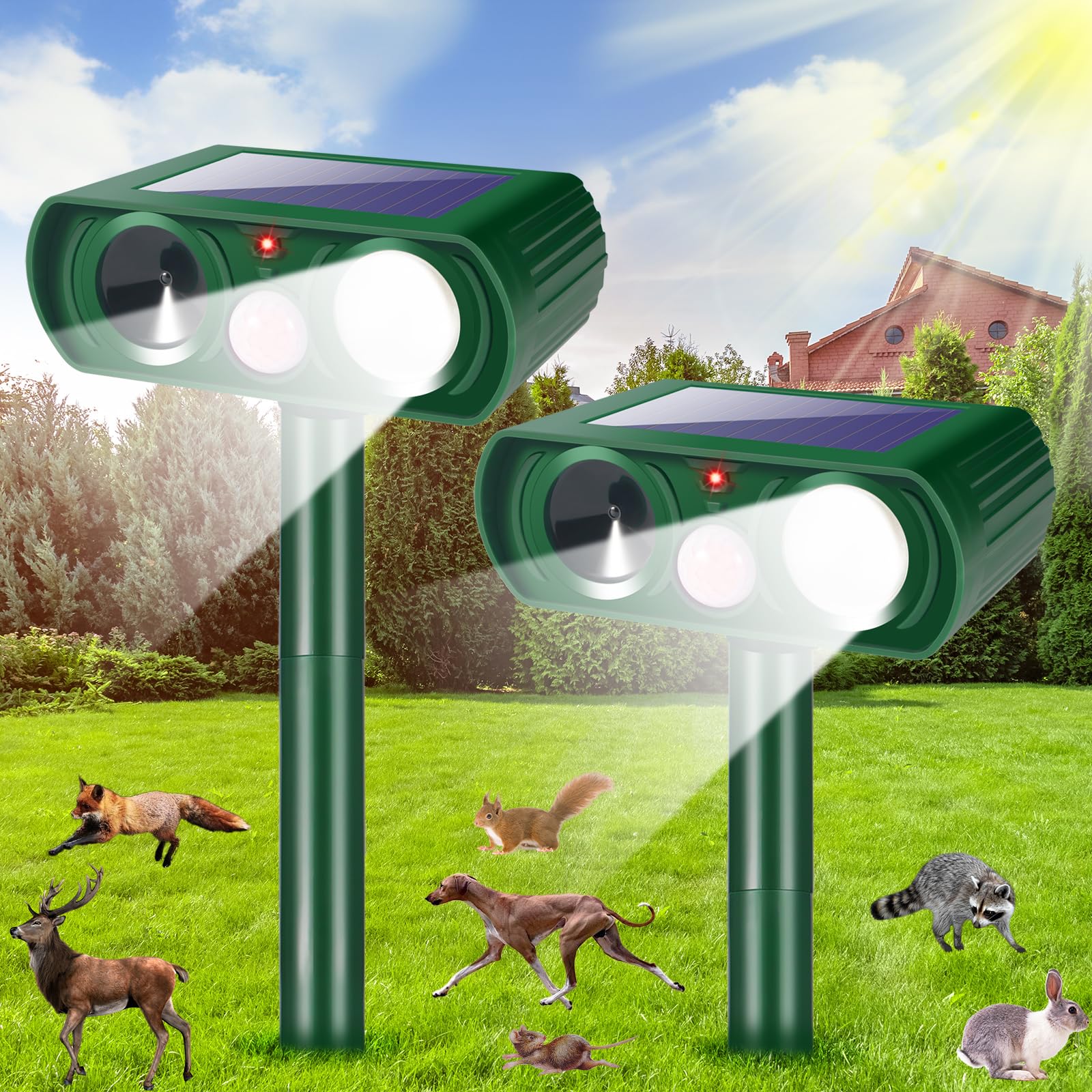 Jahy2Tech 2026 Fortress Pro front view shows solar-powered deterrent protecting a garden