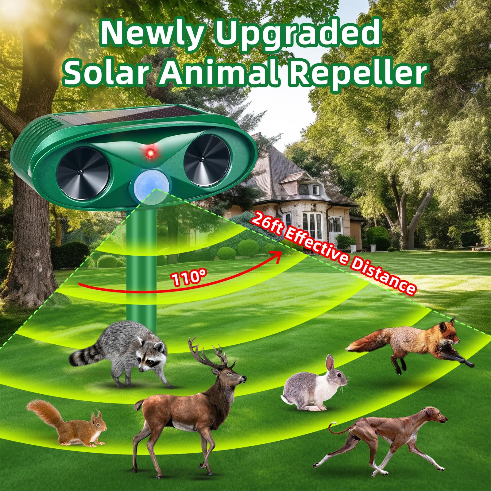 Jahy2Tech PIR sensor activation triggers ultrasonic waves to deter animals.