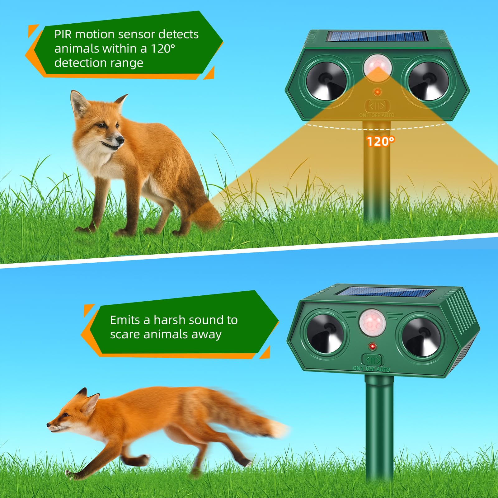 Jahy2Tech Solar-powered deterrent requires no batteries for easy setup.