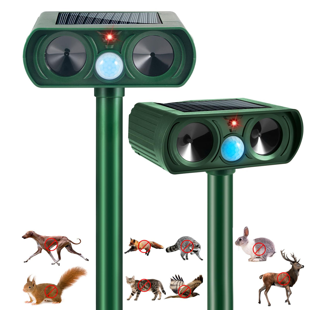 Jahy2Tech solar ultrasonic deterrent front view protects gardens from cats and deer